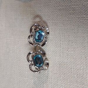 Blue Rhinestone Clip Earrings
